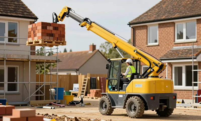 A telehandler lifting a pallet of bricks up to a scaffold