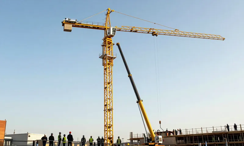 A mobile crane lifting a jib section up to a new tower crane mast during erection