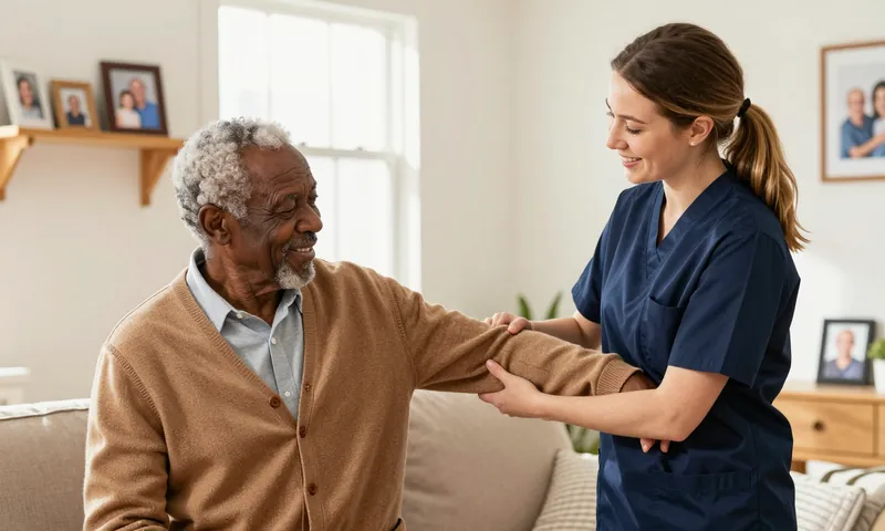 A home care worker helping an older man put on his cardigan in his own home