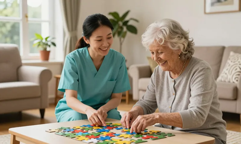 A care assistant doing a jigsaw with an older woman in a care home lounge