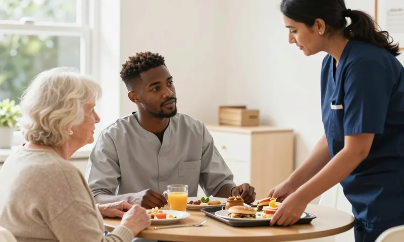 A trainee care worker shadowing an experienced carer serving breakfast