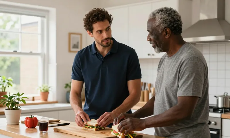A support worker helping an older man make his lunch in his own kitchen