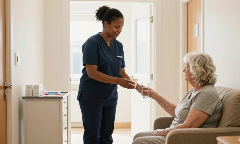 A senior carer handing an older woman her medicine and a glass of water in a care home
