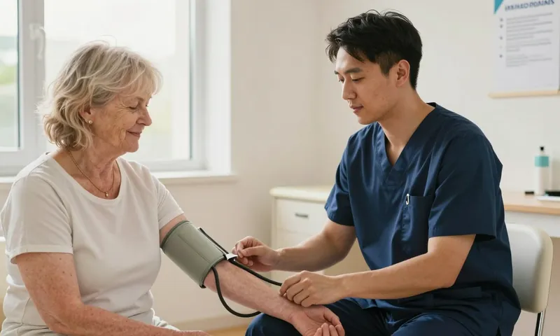 An assistant practitioner taking an older woman's blood pressure in a clinic room
