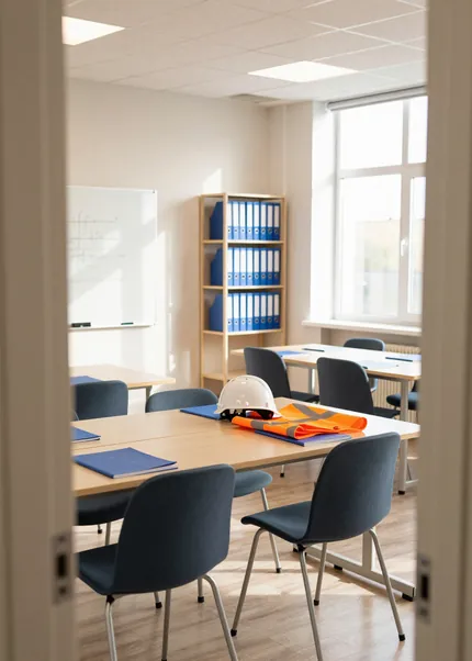 An empty training room with course folders, a hard hat and a hi-vis vest on the table
