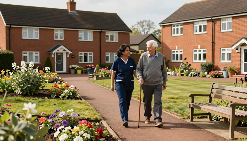 A care worker walking with an older man in the garden of a care home