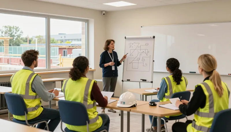 A trainer teaching a CITB site safety course to four delegates in a training cabin on site