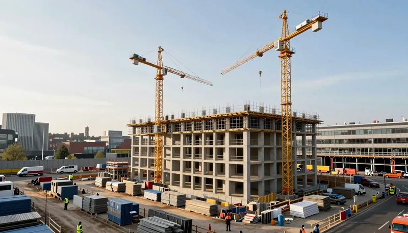 A large construction site seen from above, with cranes and a concrete frame rising