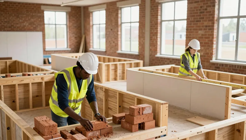A construction training workshop with learners practising in brickwork and carpentry bays