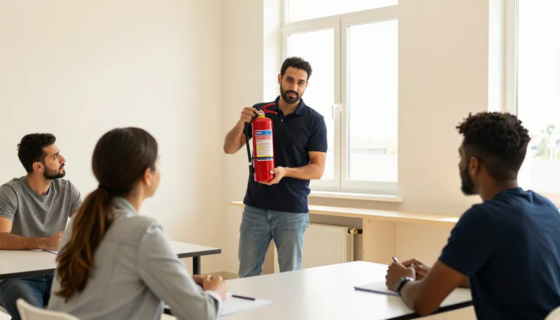 A trainer showing two learners a fire extinguisher in a safety training session