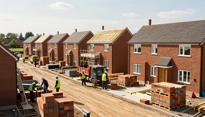 Operatives at work across a new-build housing site