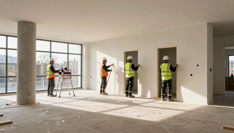 Several trades at work on a floor of a building under fit-out