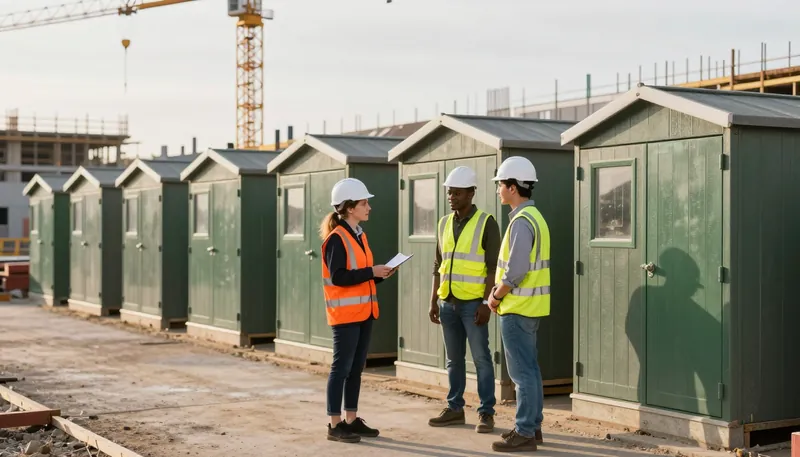 A supervisor briefing operatives beside the site cabins in the morning
