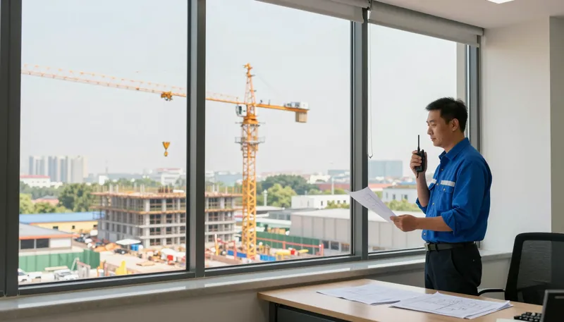 A lifting operations manager watching a crane from the window of a site office