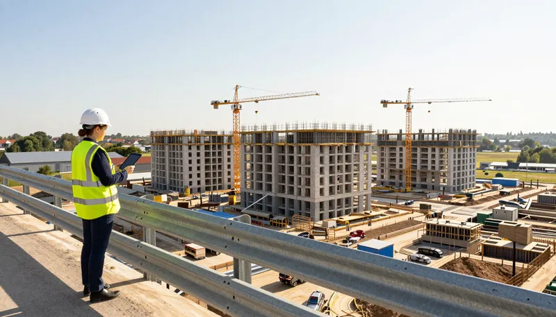 A site manager on a viewing platform over a large site of new apartment blocks
