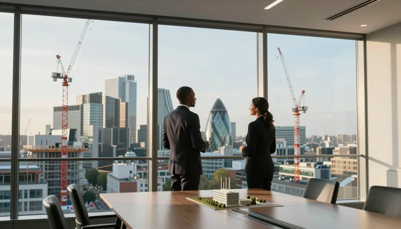 Two construction directors looking out over the city from a meeting room