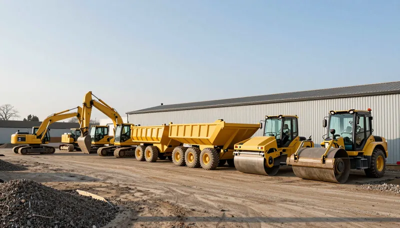A row of construction plant machines parked in a plant yard